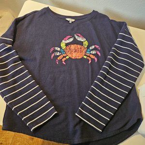 Crown & Ivy Navy Nautical Style Sweater with Striped Sleeves and Crab